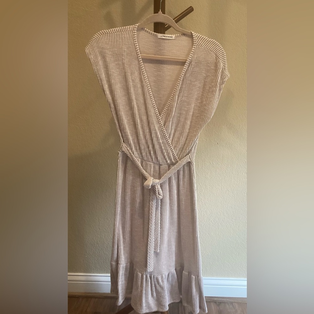 Caution To The Wind Tan and White Wrap Sundress